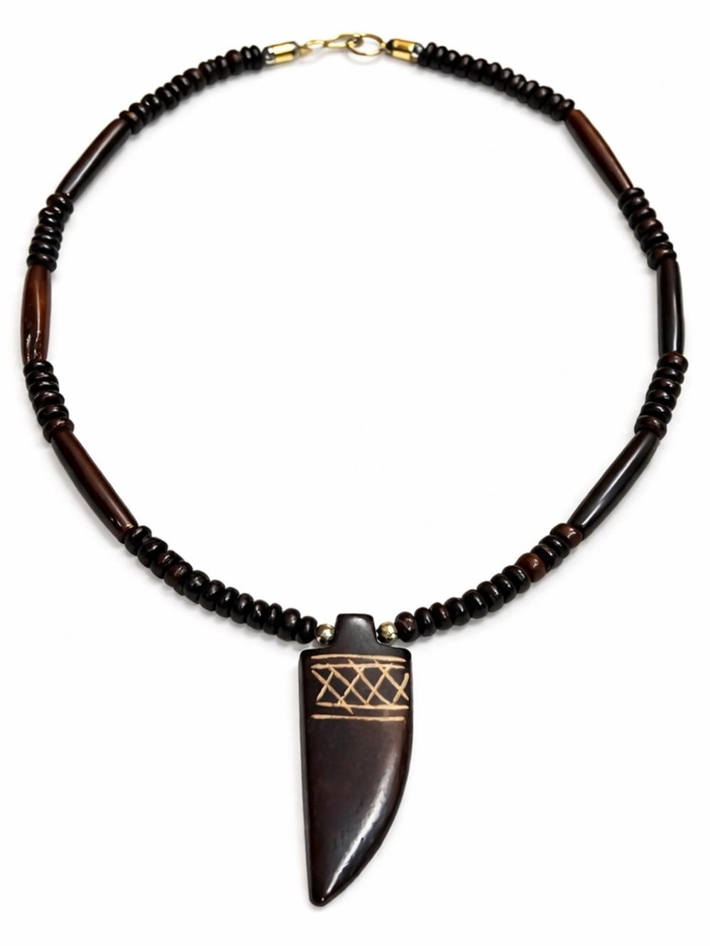 Tribal Beaded Necklace with Carved Tooth Pendant – Black & Brown Wood Beads